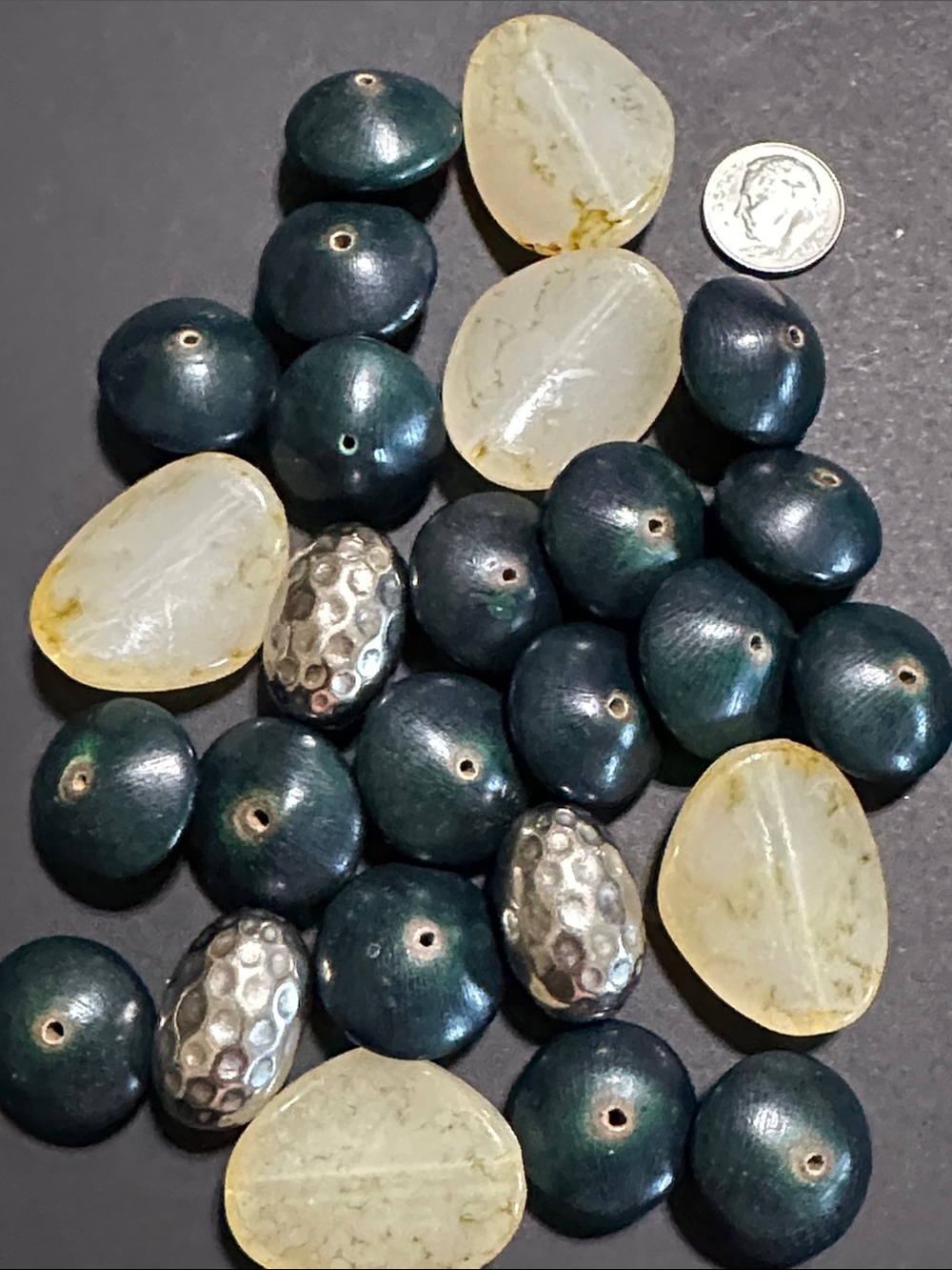 104.  Large Wood, Acrylic & 3 Hammered Metal Loose Beads